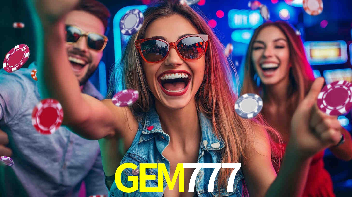 Escena dinámica inspirada en casino con iluminación GEM777, cartas, fichas e íconos de juegos digitales en un espacio moderno de juegos.
