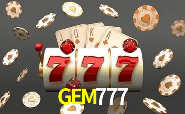 Una escena digital vívida inspirada en casino con GEM777 mostrado prominentemente, luces brillantes, fichas, cartas y acentos dorados.