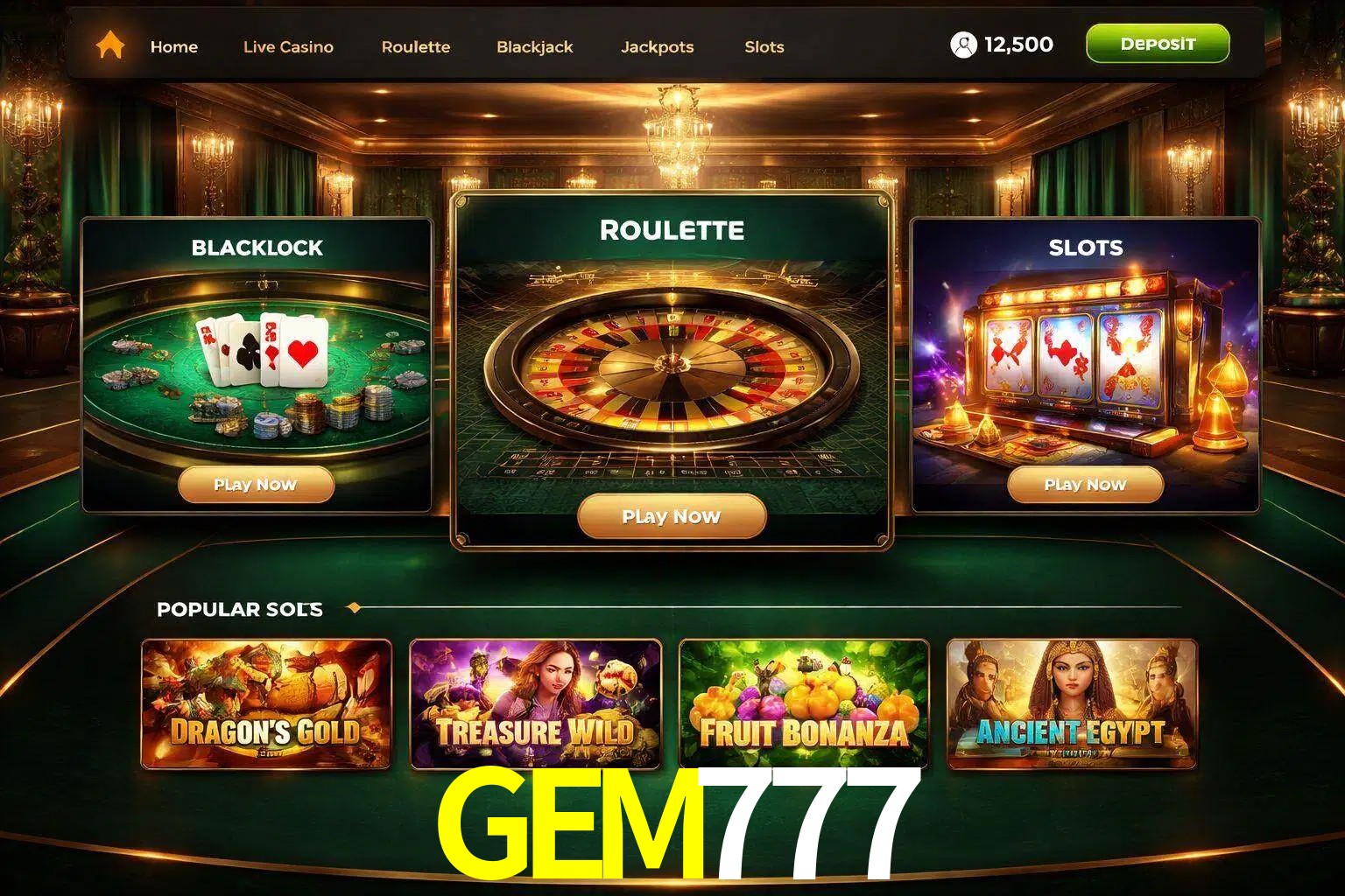 Vista de la plataforma GEM777 Casino mostrando categorías organizadas de juegos en línea