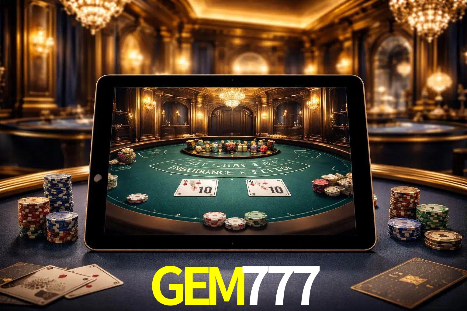 Configuración moderna de casino en vivo con una tableta mostrando una mesa de blackjack, luces cálidas de estudio y una atmósfera elegante de juegos digitales.
