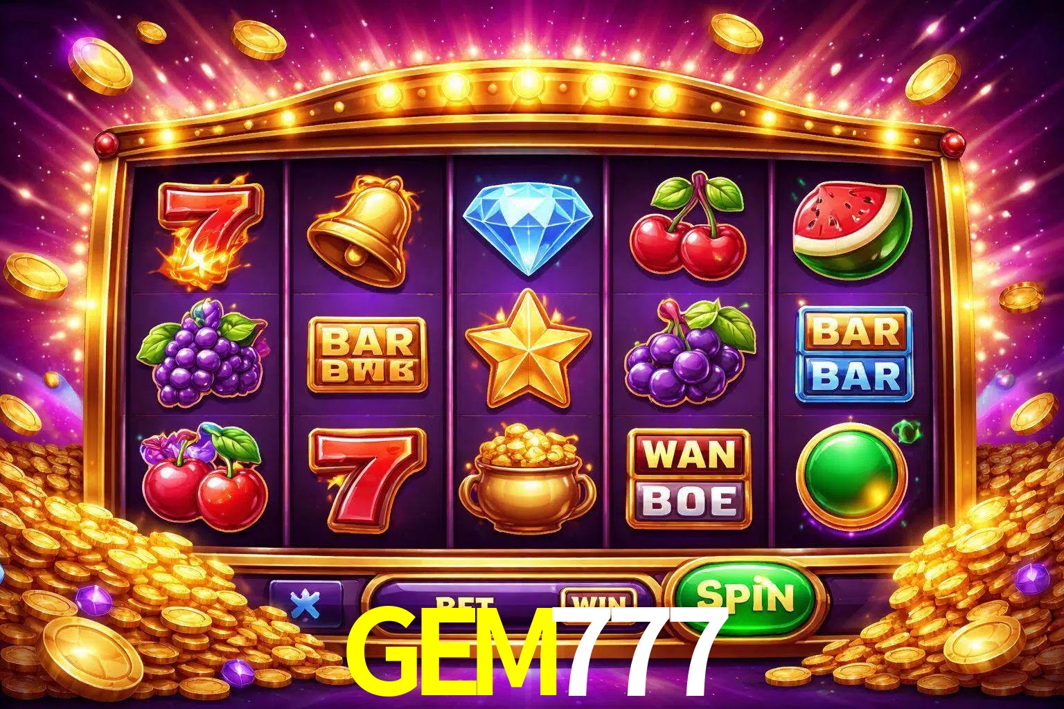Una interfaz colorida de tragamonedas en línea con símbolos brillantes, monedas y un efecto de victoria celebratoria en GEM777.